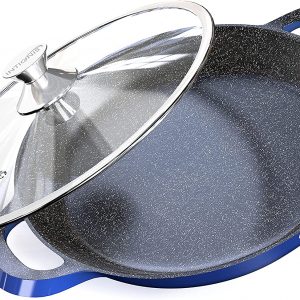 Professional Paella Pan with Oven Safe Lid – Kitchen Cookware –Non Stick – PFOA Free – Ceramic Nonstock Coating – Induction Electric Oven Gas BBQ Grill Safe (Blue)