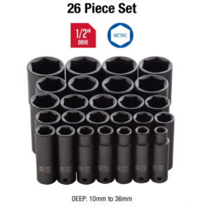 1/2 Inch Drive Deep Impact Socket Set, 26-Piece, Metric, 10mm-36mm, Cr-Mo Alloy