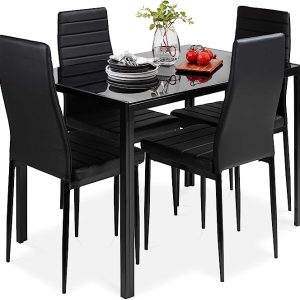 Best Choice Products 5-Piece Kitchen Dining Table Set for Dining Room, Kitchen, Dinette, Compact Space w/Glass Tabletop, 4 Faux Leather Metal Frame Chairs – Black