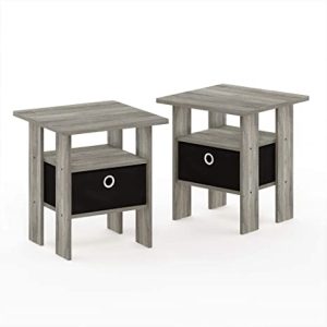 Furinno Andrey Set of 2 End Table / Side Table / Night Stand / Bedside Table with Bin Drawer, French Oak Grey