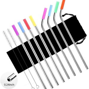 Tker Stainless Steel Set of 8 10.5 inch Metal Reusable Drinking Straws for for 30oz / 20oz Tumblers with Silicone Tips (4 Straight|4 Bent|2 Brushes) Silver