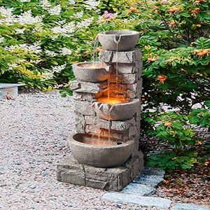 Water 4 Tiered Bowls Floor Stacked Stone Waterfall Fountain with LED Lights and Pump for Outdoor Patio Garden Backyard Decking Décor, 33 inch