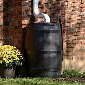 FCMP Outdoor RC4000-BLK 50-Gallon BPA Free Flat Back Home Rain Catcher Water Storage Collection Barrel for Watering Outdoor Plants & Gardens, Black