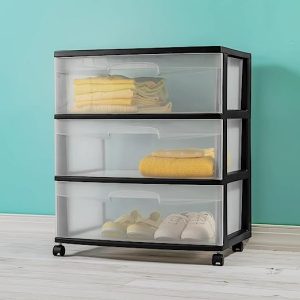 Plastic Storage Drawer Cart, Medium Home Organization Storage Container with 3 Large Clear Drawers With Wheels, Black