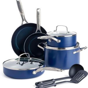 Blue Diamond Cookware Diamond Infused Ceramic Nonstick, 10 Piece Cookware Pots and Pans Set, PFAS Free, Dishwasher Safe, Oven Safe