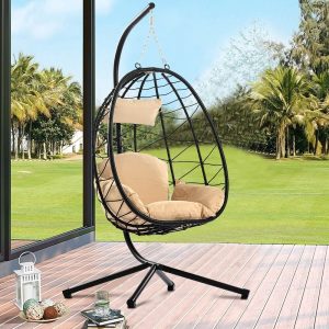 NEW Patio Wicker Hanging Egg Chair – Swing Chair with Stand, Cushion