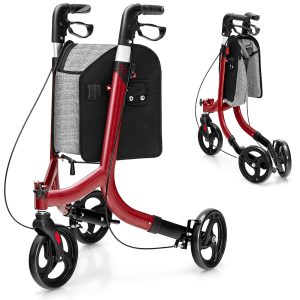 3-Wheel Folding Rollator Walk Rolling Walker w/Adjustable Handle Storage Bag Red