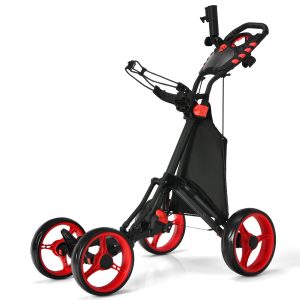 Costway Folding 4 Wheels Golf Push Cart W/Bag Scoreboard Adjustable Handle Red