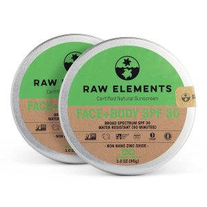 Raw Elements Face and Body Certified Natural Sunscreen | Non-Nano Zinc Oxide, 95% Organic, Water Resistant, Reef Safe, Cruelty Free, SPF 30+, All Ages Safe, Moisturizing, Reusable Tin, 3oz (2-Pack)