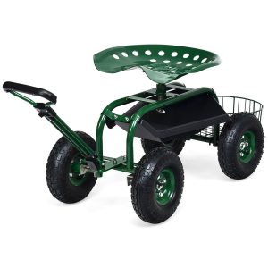 Garden Cart Patio Wagon Roll Work Seat W/ Tray Basket Extendable Handle