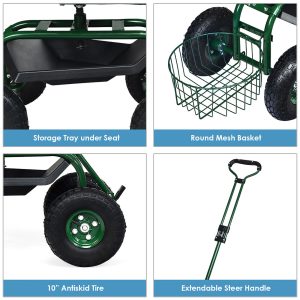 Garden Cart Patio Wagon Roll Work Seat W/ Tray Basket Extendable Handle
