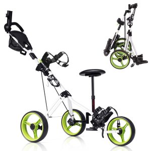 Foldable 3 Wheel Push Pull Golf Club Cart Trolley w/Seat Scoreboard Bag Swivel