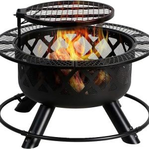 Four Seasons Courtyard Wood Burning Outdoor Fire Pit 24 Inch Backyard Patio Fireplace with Removable 360 Degree Swivel Cooking Grill and Log Rack