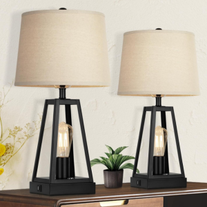 Set of 2 Farmhouse Table Lamps with USB Ports, 3-Way Dimmable Bedside Touch Lamp