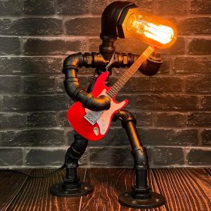 Music Electric Guitar Table Lamp – Steampunk Retro Robot Industrial Pipe Lamp