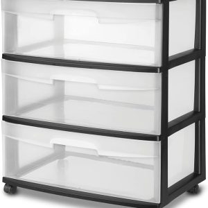 Plastic Storage Drawer Cart, Medium Home Organization Storage Container with 3 Large Clear Drawers With Wheels, Black