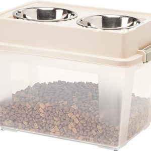 IRIS USA 47Lb / 45QT Large Elevated Feeder with WeatherPro Airtight Pet Food Storage Container, Dry Food Bin with Removable Stainless Steel Bowls Large Dog At Home Camping Roadtrip , Almond