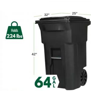 64-Gallons Black Plastic Wheeled Trash Can with Lid Outdoor, Long-Lasting Service Life