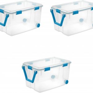 120 Qt Wheeled Gasket Box, Stackable Storage Bin with Latching Lid, Handle and Tight Seal, Plastic Container with Clear Base and Lid, Set of 3